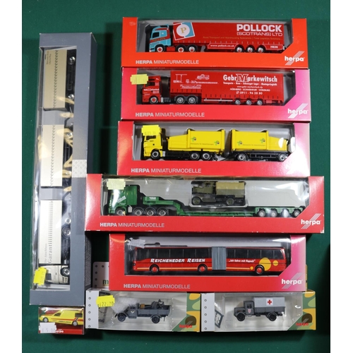 229 - 14 Herpa 1:87 scale Trucks etc. A 2 vehicle set- box vans with trailer, MAN Maria Cron and Mercedes ... 