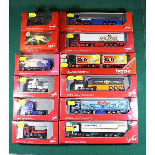 231 - 12 Herpa 1:87 scale Trucks. MAN heavy machinery artic, Riwatrans. Scania artic box trailer, Edward G... 