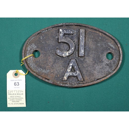 63 - Locomotive shedplate 51A Darlington 1950-1973, with a sub shed Middleton-in-Teesdale to 1957. Cast i... 