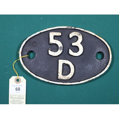 68 - Locomotive shedplate 53D Bridlington 1950-1958. Cast iron plate in good, believed to be unrestored c... 