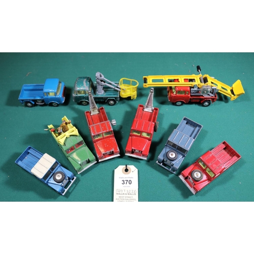 370 - 9x Corgi Toys Land Rovers and Jeeps. Including; 2x Wreck trucks. Loud Speaker van. RAF Land Rover, e... 