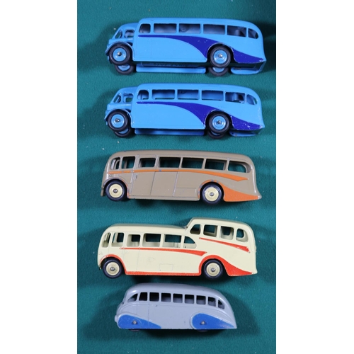 416 - 5x Dinky Toys buses and coaches. A Streamlined coach. Observation coaches. 2x Single Deck buses. Lux... 