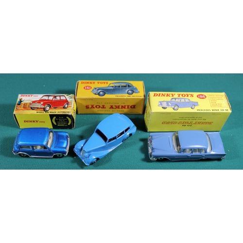 421 - 3x Dinky Toys cars. A Triumph 1800 Saloon (151) with light blue body and wheels. Morris Mini-Minor (... 