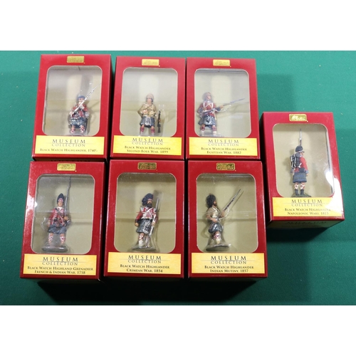 438 - 7 Britains 'Museum Collection' Black Watch Highlanders. 1740's (10000), Crimean War 1854 (10001), In... 