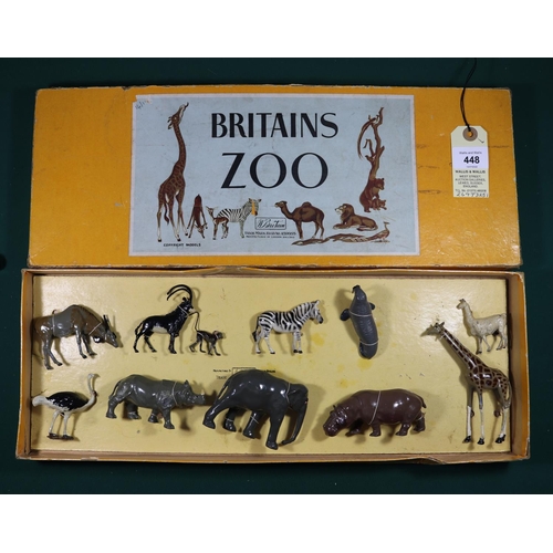 448 - A scarce Britains Zoo Set No.11Z. Comprising 11 animals. Giraffe, Llama, Walrus, Zebra, Elephant, Hi... 