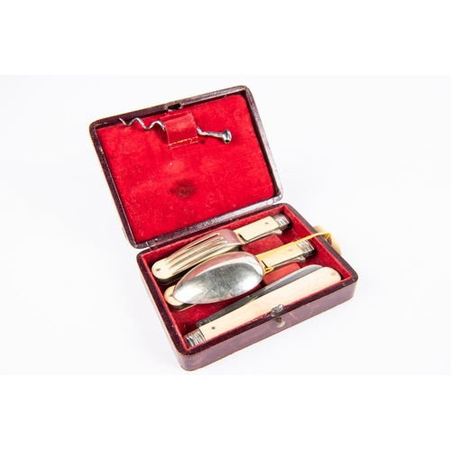 132 - A good officer's 3 piece campaign cutlery set, comprising folding knife, fork and spoon, of nickel s... 