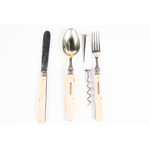 132 - A good officer's 3 piece campaign cutlery set, comprising folding knife, fork and spoon, of nickel s... 