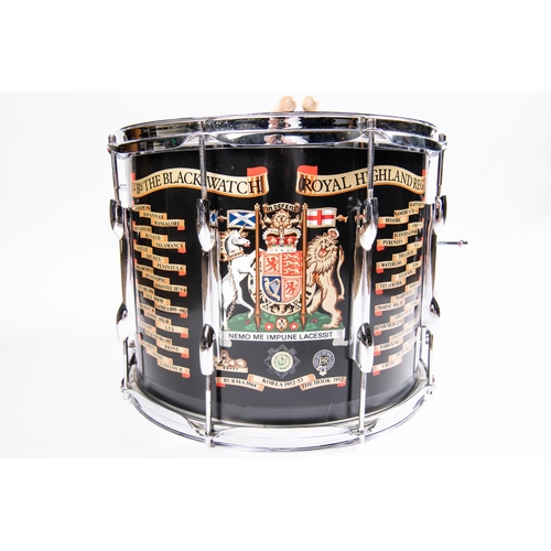 154 - A Black Watch Royal Highland Regiment post 1953 side drum, decorated with Royal crest and battle hon... 