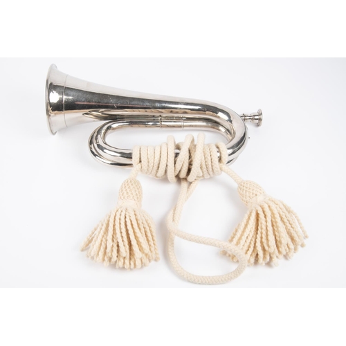 156 - A good silver plated Infantry bugle, with white worsted cords. VGC £50-75