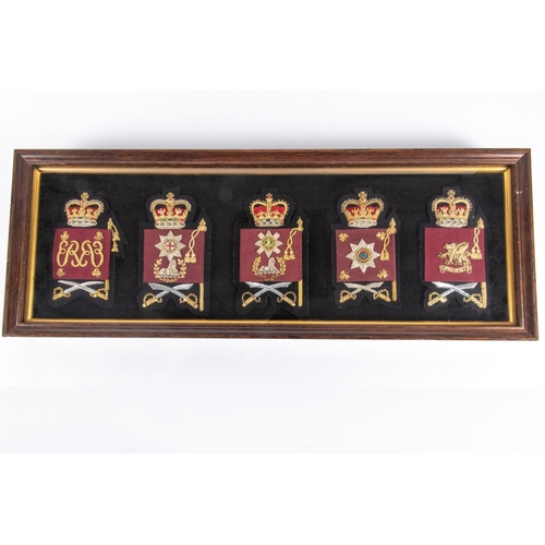 157 - A set of the 5 Foot Guards Regimental Warrant Officers (WOII) arm badges in bullion embroidery, Gren... 