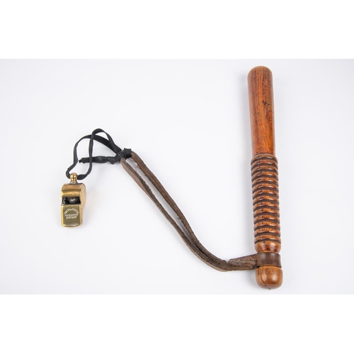 20 - A scarce plain clothes detectives hardwood truncheon, with leather wrist loop. A brass whistle of Hu... 