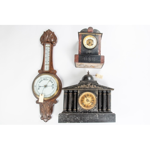 21 - 2x 19th Century slate clocks and a barometer. A large slate mantel clock with gilt face and fluted p... 