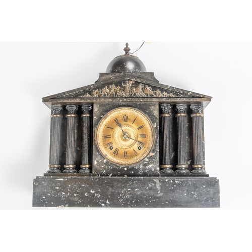 21 - 2x 19th Century slate clocks and a barometer. A large slate mantel clock with gilt face and fluted p... 