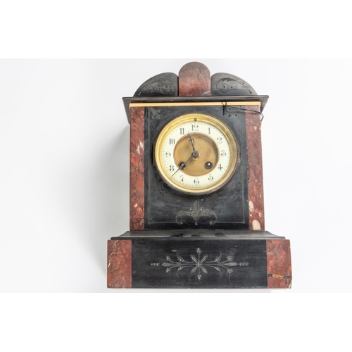 21 - 2x 19th Century slate clocks and a barometer. A large slate mantel clock with gilt face and fluted p... 