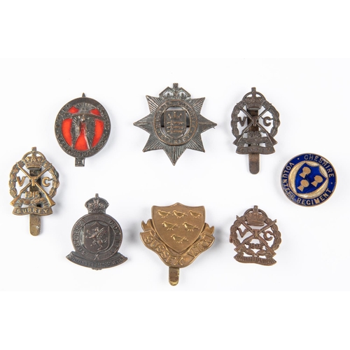 219 - Seven WWI Volunteer Training Corps cap badges: Somerset County Vol. Regt; United Arts Vols Rifles, r... 