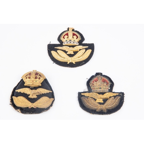 246 - 3 RAF officers' cap badges inc early metal padded, all metal flat and bullion wire patterns. £60-100