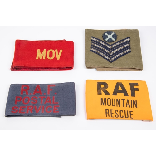 307 - 10 WWII-Post WWII RAF armbands: Sergeant (5), Corporal (2), OS, Postal Service, Mountain Rescue, MOV... 