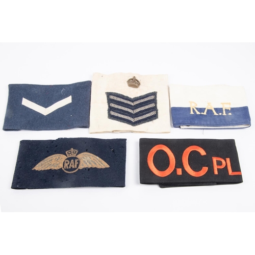 308 - WWII RAF Dispatch Rider armband, 3 other misc RAF armbands plus old(?) printed RAF wing on armband. ... 