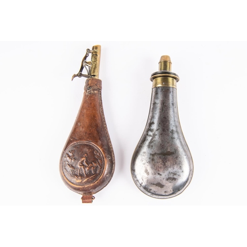 338 - A steel plain bodied powder flask, with brass charger nozzle; also a brass mounted leather shot flas... 