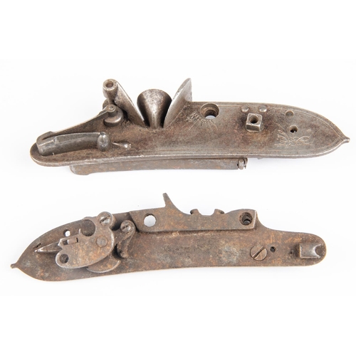 343 - Two incomplete detached left hand locks from flintlock sporting guns, c 1820, one with safety bolt a... 