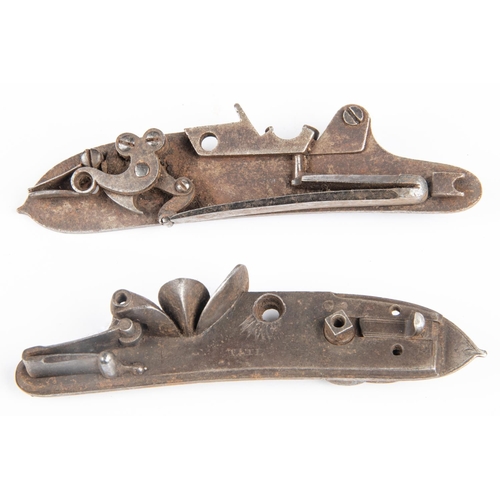 343 - Two incomplete detached left hand locks from flintlock sporting guns, c 1820, one with safety bolt a... 