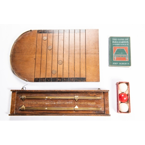 35 - A billiards wooden scoreboard; set of 3 balls in cardboard carton; also a 