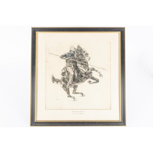 62 - A spirited black and white watercolour study of a Boer War Lancer attacking on his rearing mount, 13... 