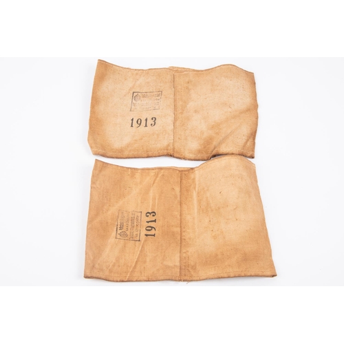 91 - 2 Imperial German armbands both printed on brown linen; Deutsche Polizei Tsingtau Bahnhof, and Hafen... 