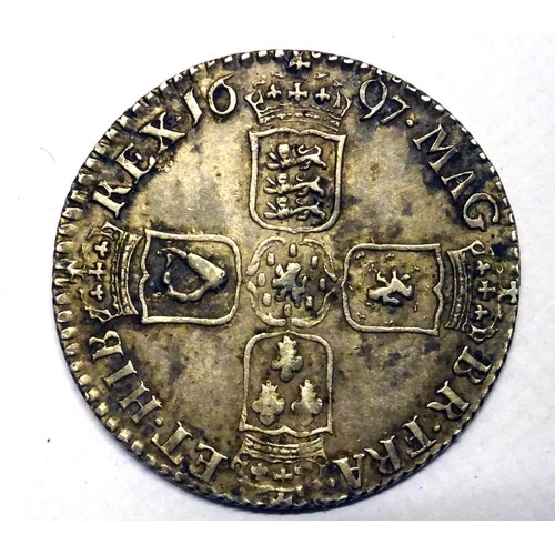 76 - William III AR Shilling, 1697 N (Norwich Mint) third bust variety, a pleasing VF. £140-180