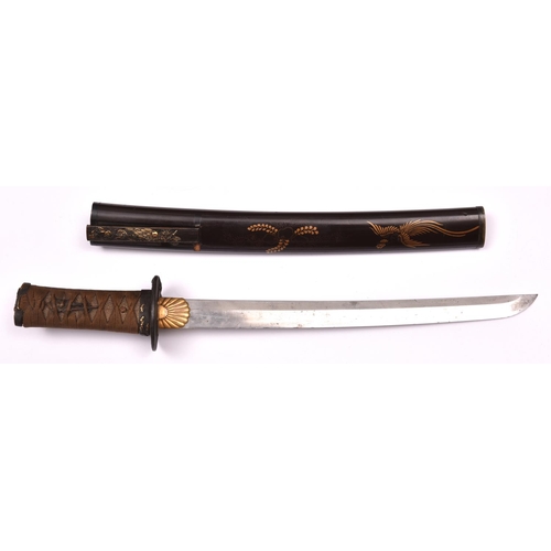 460 - A nicely mounted short wakizashi with o-suriage unsigned blade 31.4cms, some chips and edge nicks. S... 