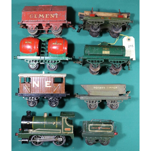 215 - 7x Hornby Series O gauge items. No.1 (early body) clockwork GWR 0-4-0 tender locomotive, 2449, with ... 