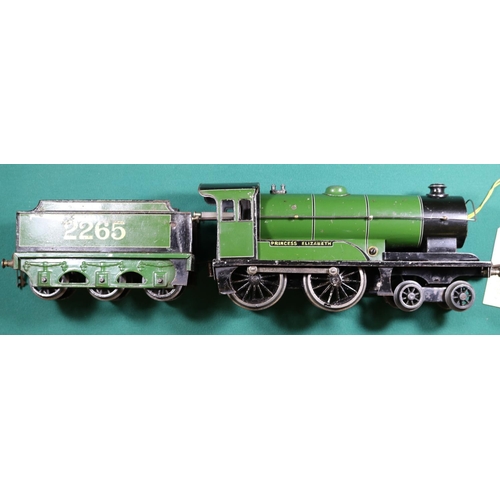 232 - A Bassett Lowke O gauge 4-4-0 clockwork tinplate tender locomotive. Princess Elizabeth 2265, in line... 