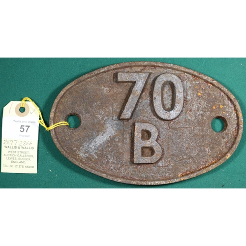 57 - Locomotive shedplate 70B Feltham 1950-1970. Cast iron plate in quite good condition, paint stripped.... 