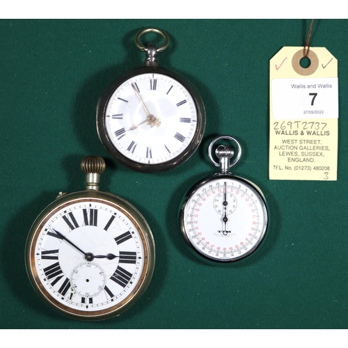 7 - 2x pocket watches and a stopwatch. A silver key wound pocket watch with London hallmark, date mark f... 