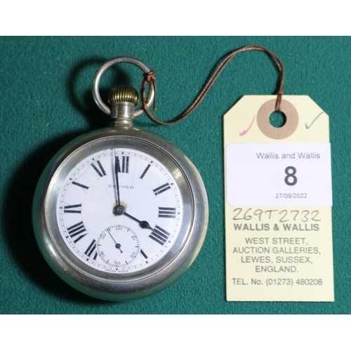 8 - A nickel cased LMS guard's pocket watch. Stamped to reverse 'L.M.S. 10260'. Fitted with a Swiss 15 j... 