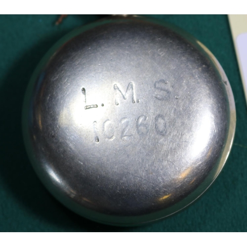 8 - A nickel cased LMS guard's pocket watch. Stamped to reverse 'L.M.S. 10260'. Fitted with a Swiss 15 j... 