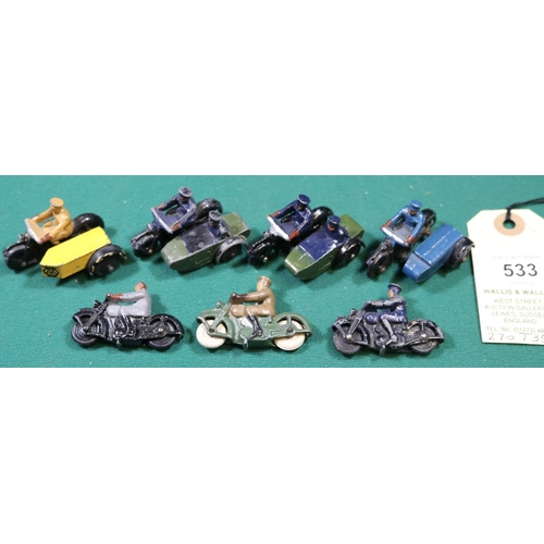 533 - 7 Dinky Toys Motor Cycles. Pre-war Royal Signals Dispatch Rider, green m/cycle, khaki rider, white r... 