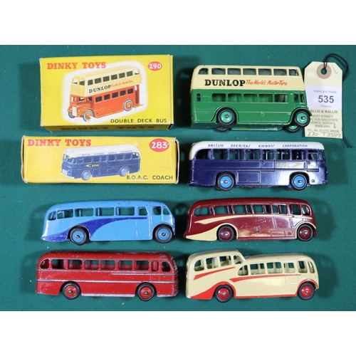 535 - 6 Dinky Toys. Double Deck Bus (290). In green & cream with Dunlop advertisements. B.O.A.C Coach (283... 