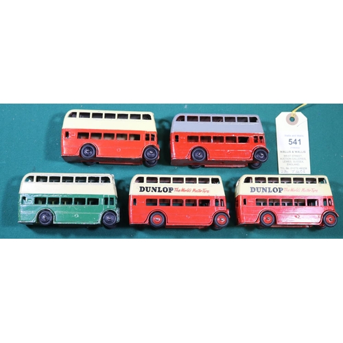 541 - 5 Dinky Toys Double Deck Buses. 3 AEC examples and 2 Leylands with Dunlop advertising. Green & Red e... 