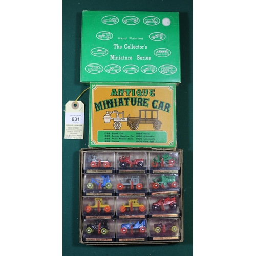 631 - Antique miniature car set of 8 veteran diecast models in plastic cases, made in Japan, also another ... 