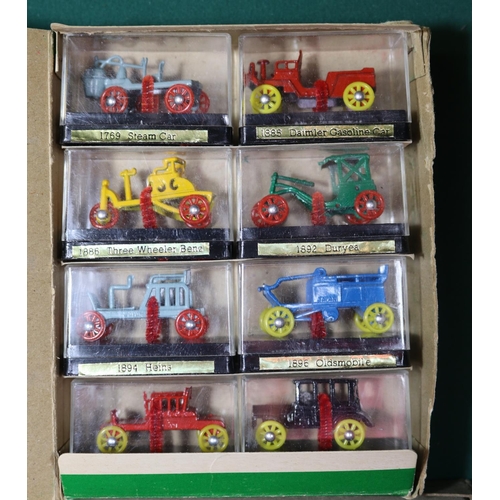 631 - Antique miniature car set of 8 veteran diecast models in plastic cases, made in Japan, also another ... 