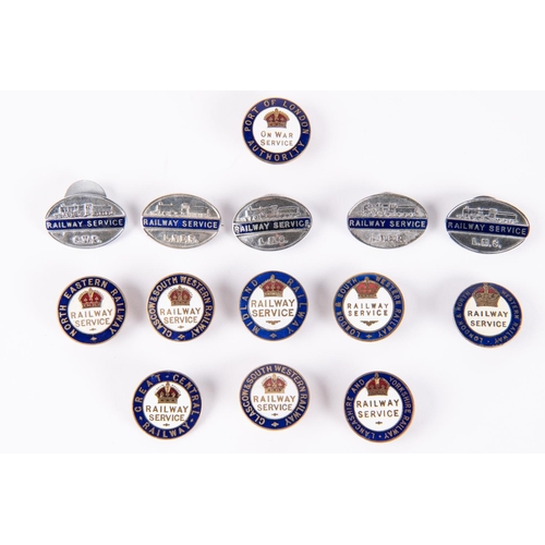 11 - 14x Railway Service badges. World War One brass lapel badges and World War Two chrome lapel badges i... 