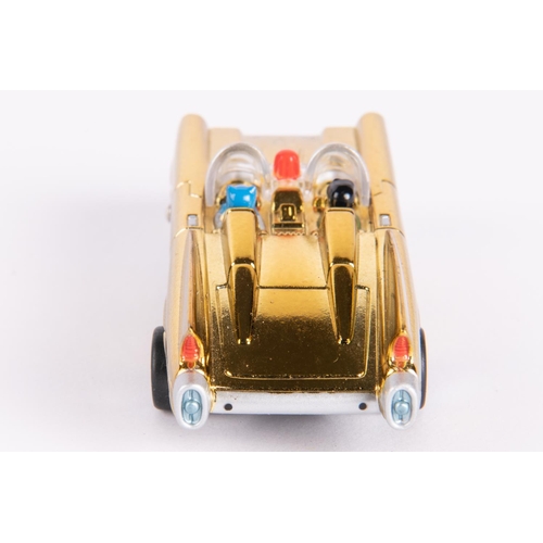 394 - Gold chrome plated  classic Batmobile slot racing car,  Aurora style.  Has figures of Batman and Rob... 