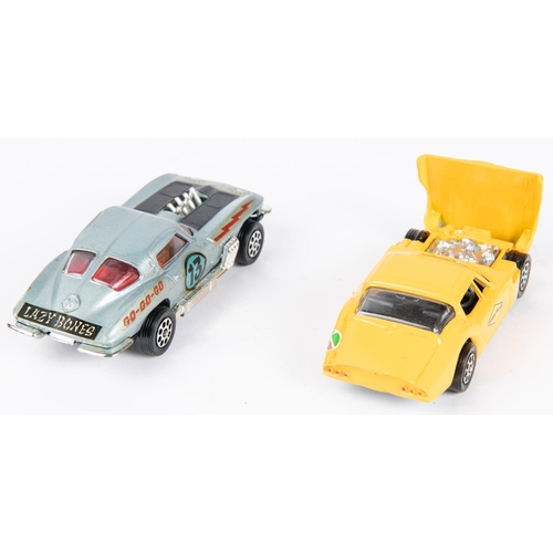 501 - 2 Corgi Toys Whizzwheels. Customised Chevrolet Corvette Sting Ray (376) In metallic blue. Marcos 3-l... 