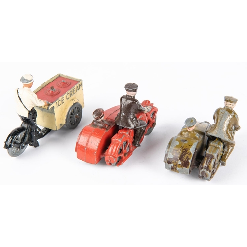 624 - 3 British Eebee Toys die cast motorcycle toys. Ice cream seller, dressed in white coat and hat with ... 