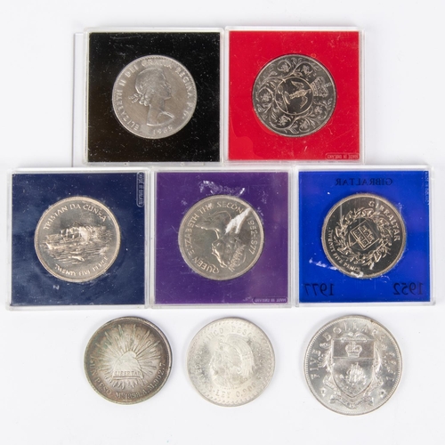 122 - Mexico AR Peso, 1898 Mexico Mint, NVF, AR 5 pesos 1948 NEF; Barbados Five dollars 1966 NEF, Gibralta... 