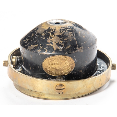 14 - A Ship's brass compass by Norie & Wilson, London. Mounted on a gimball in a wooden box with sliding ... 