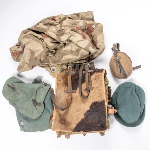 190 - A good Third Reich ponyskin pack, dated 1940 together with a camouflage zeltbahn, bread bag, water b... 