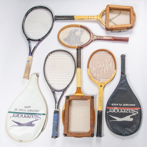 20 - 7 tennis racquets of various vintage, 4 wooden traditional type (2 have their frames), 3 other moder... 