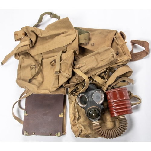 201 - WWII British webbing comprising: 1942 large pack; 1944 map case; ARP haversack; 1944 belt pouch; als... 